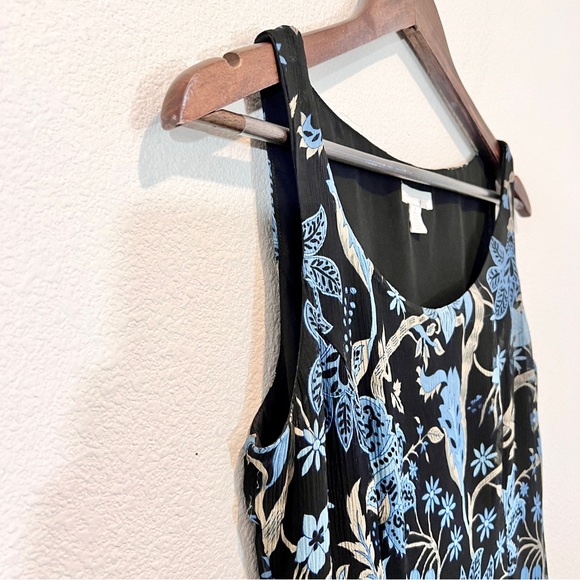 100% Silk Floral Midi Dress Black Blue Sheer Overlay Size 4 - Picture 5 of 13